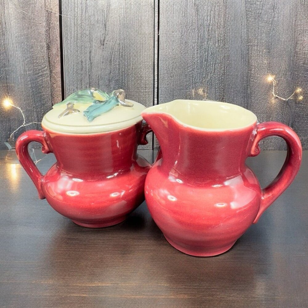 1940s Red Wing Normandy Pottery Burgundy‎ Sugar And Creamer Set 2 With Lid VTG
